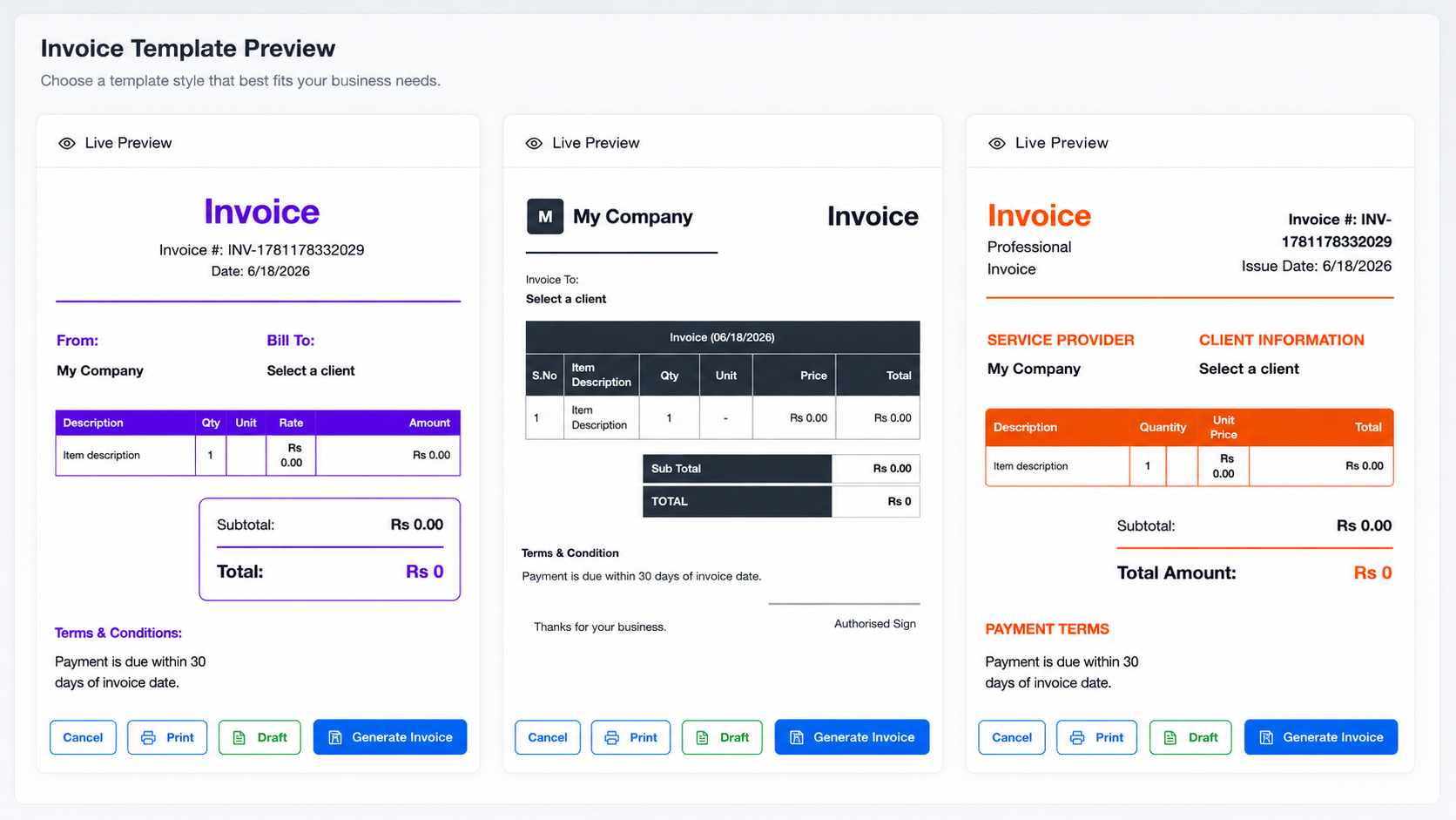Choose from six invoice templates